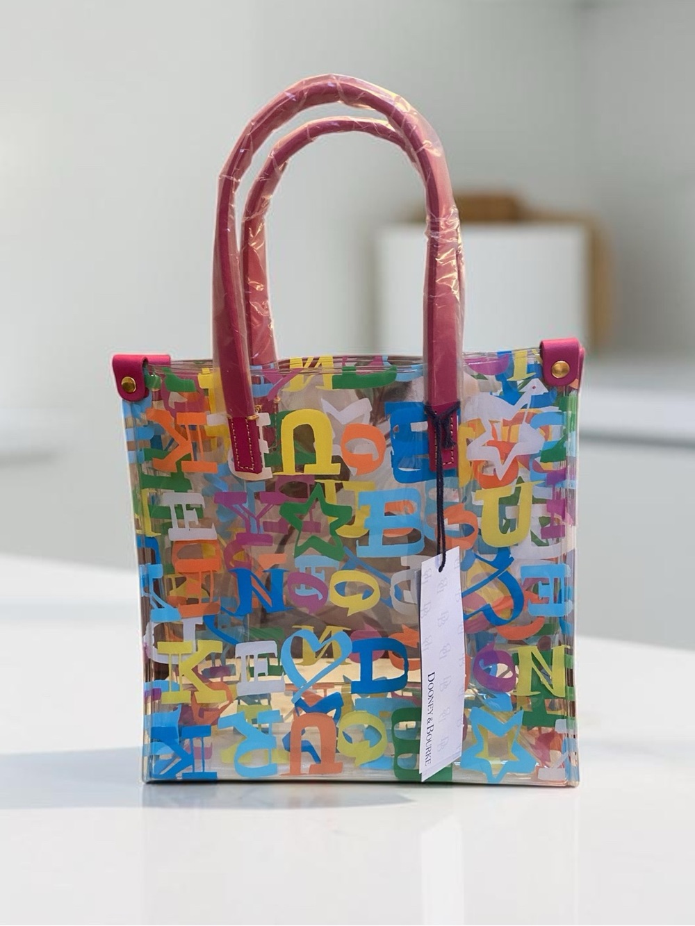 Dooney & Bourke Clear Multicolor Letter-Print “Doodle” Tote w/Pink Handles (NWT) - Picture 11 of 11